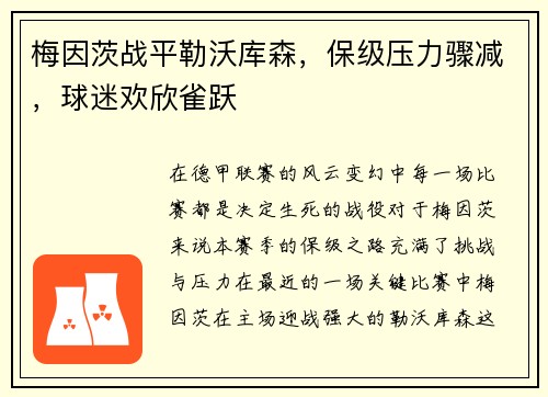 梅因茨战平勒沃库森，保级压力骤减，球迷欢欣雀跃